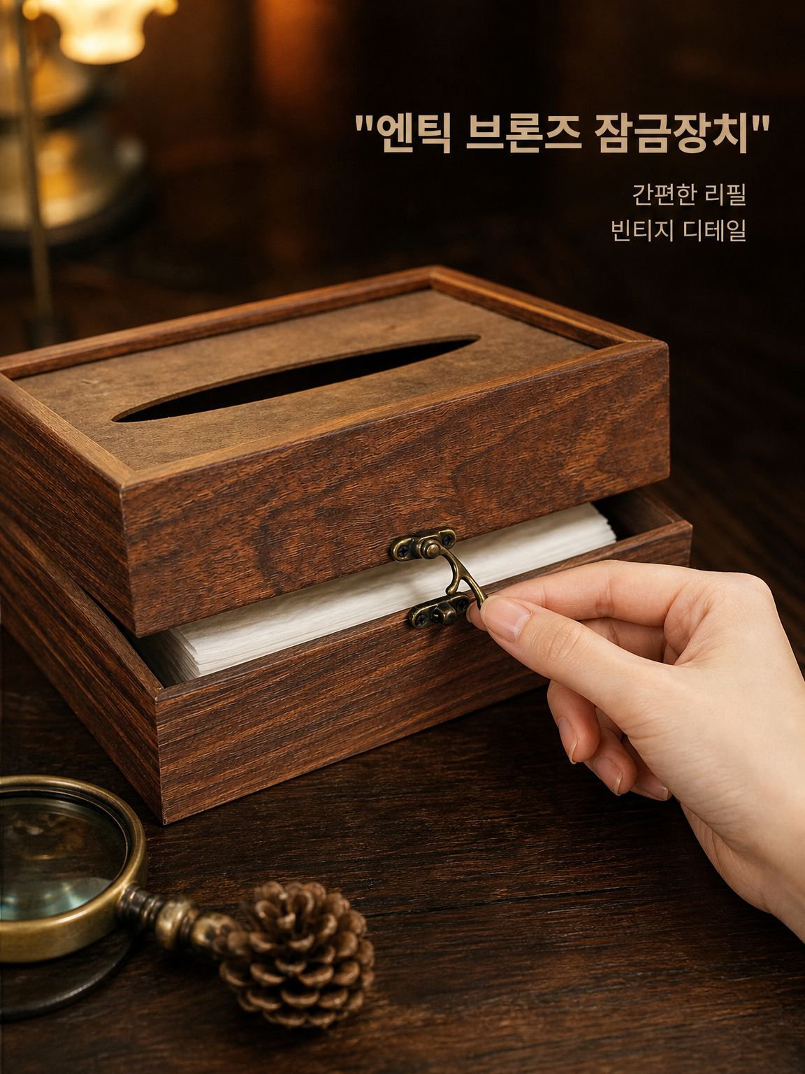 원목 소재의 다기능 티슈 상자
