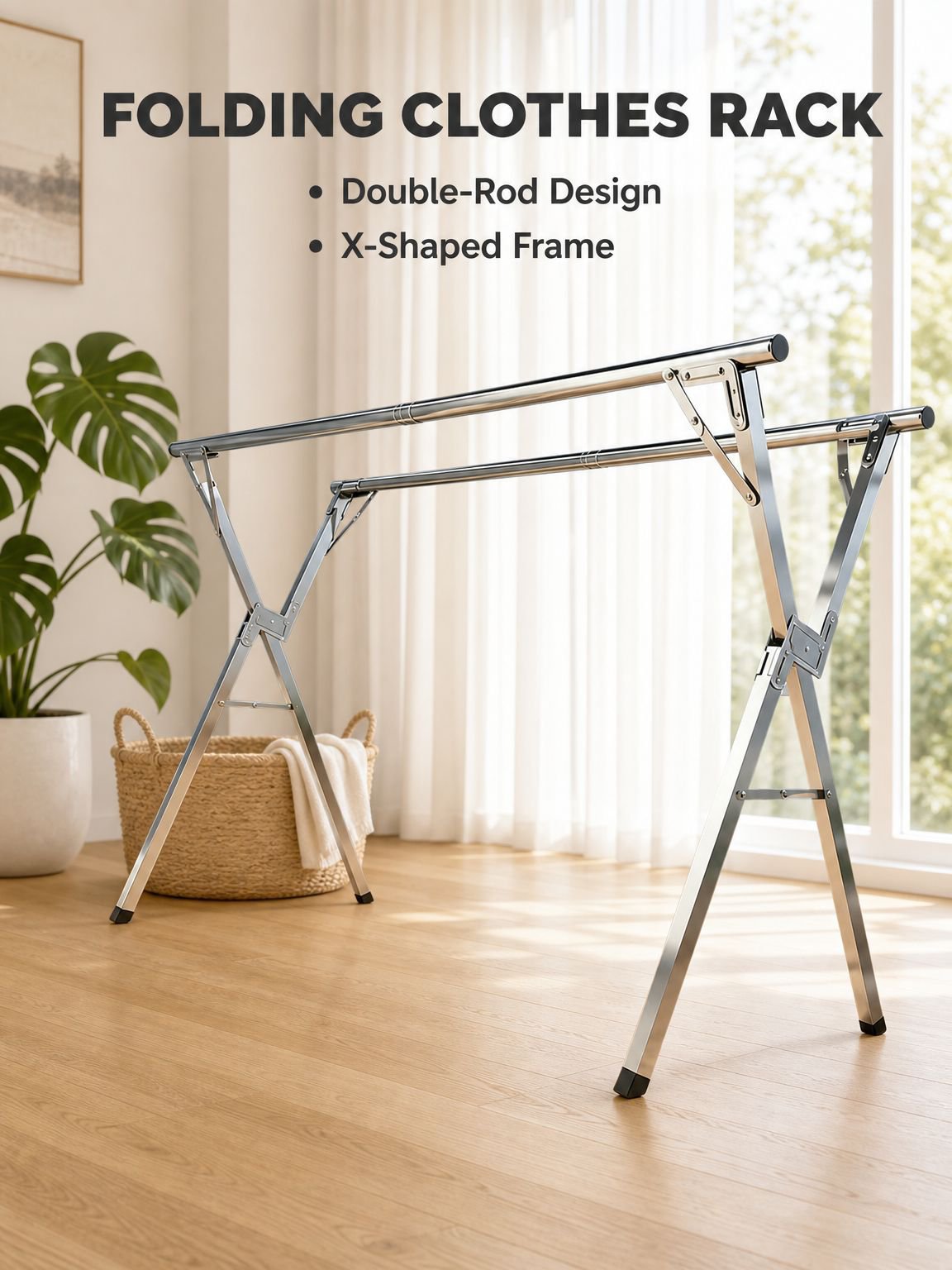 Floor-standing, folding, thickened clothes rack for home use on balconies and outdoors, telescopic c