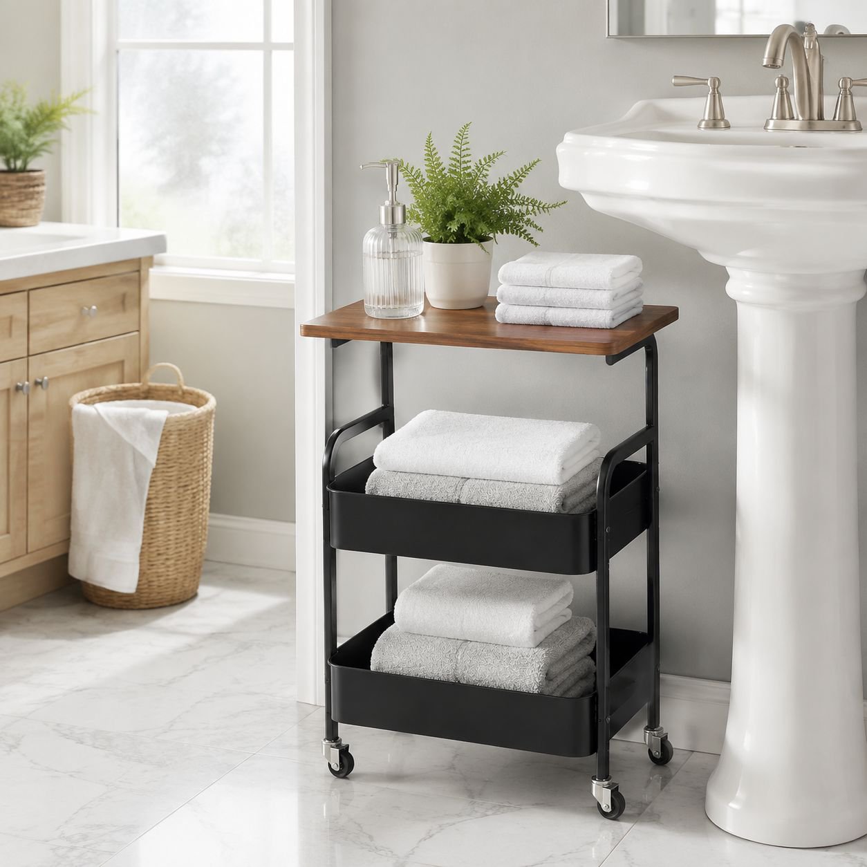 Simple multi-layer snack storage trolley in bedroom setting
