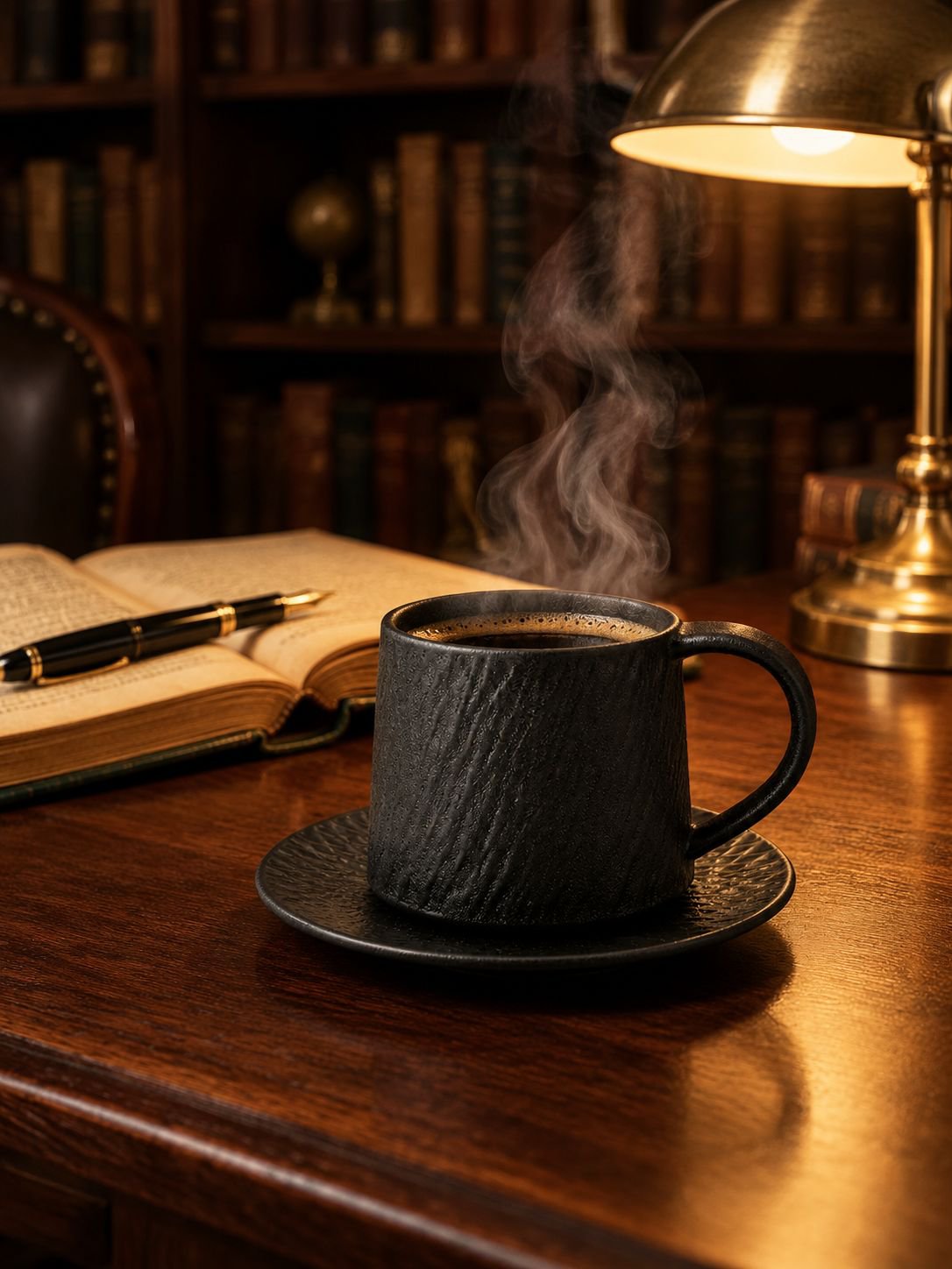 Person holding a warm vintage stoneware coffee cup with matching saucer in a cozy cafe setting