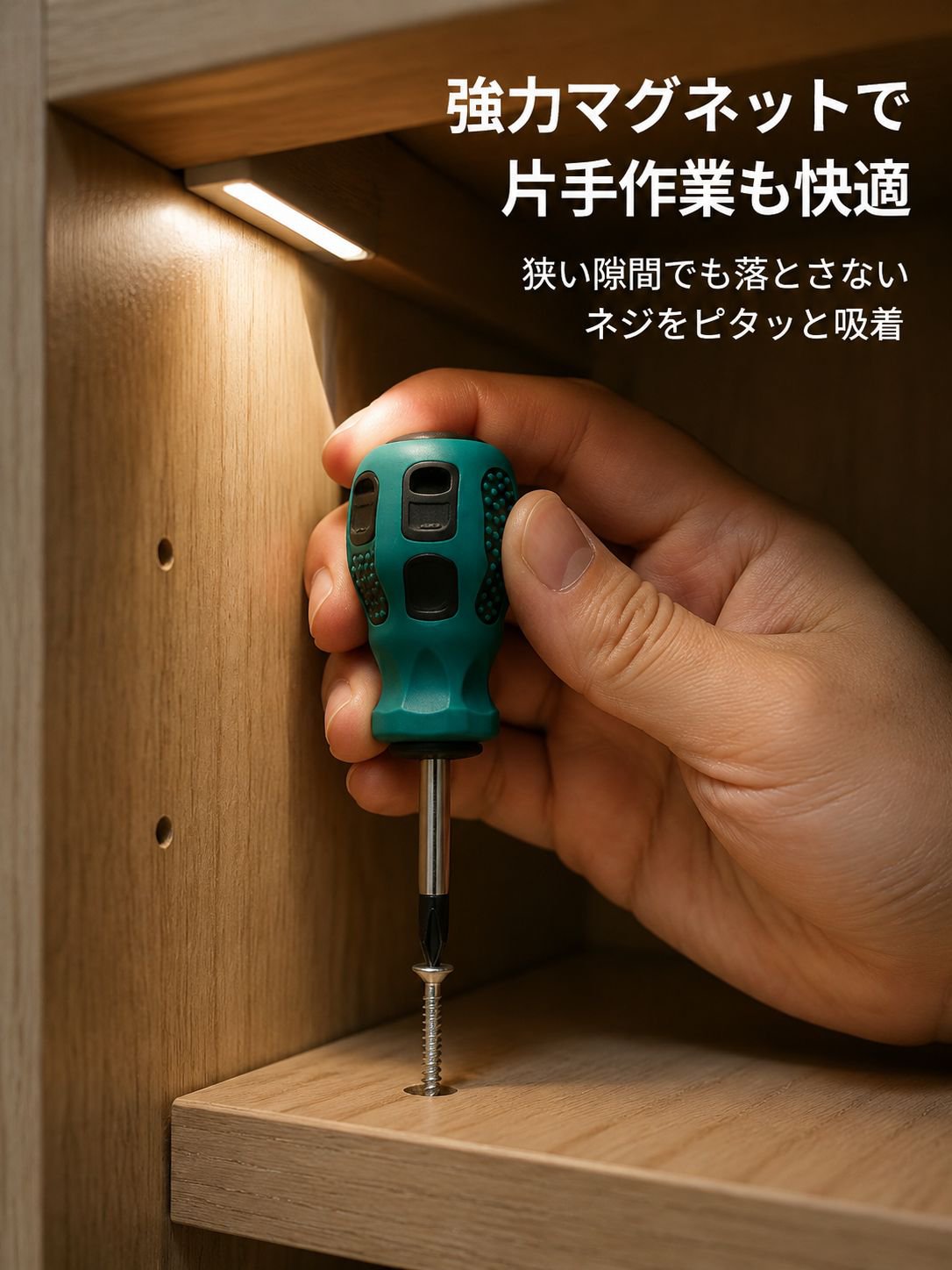 磁石付きドライバーでネジを持ち上げる様子