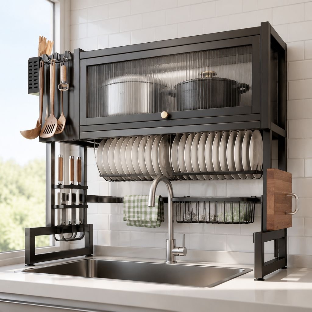 Sturdy metal dish rack with storage compartments