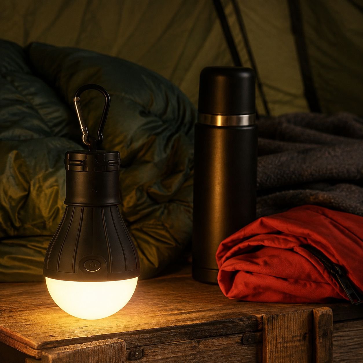 Portable outdoor camping tent hanging LED bright light in use