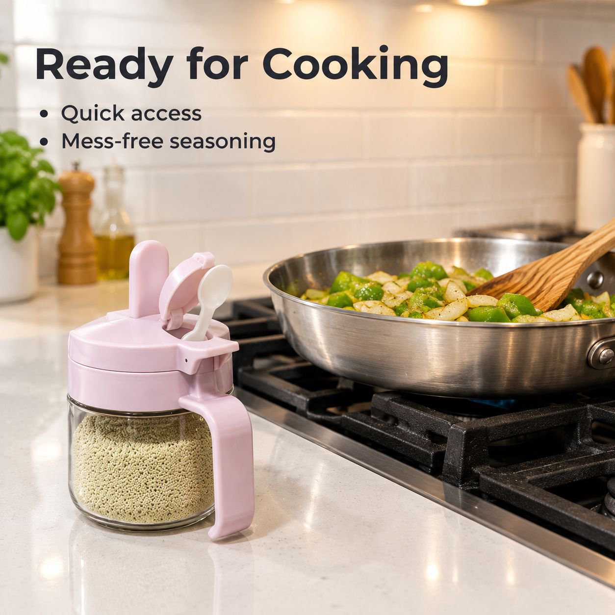 Airtight Moisture-Proof Plastic Spice Jar with Press Pop-Up Lid and Built-in Spoon
