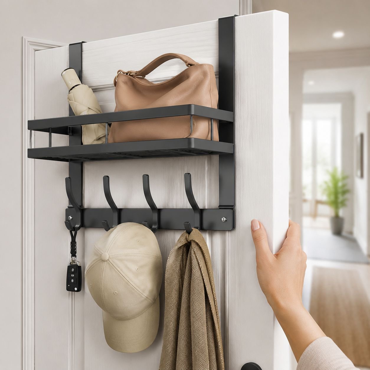 Close-up of wall-mounted organizer hooks and compartments