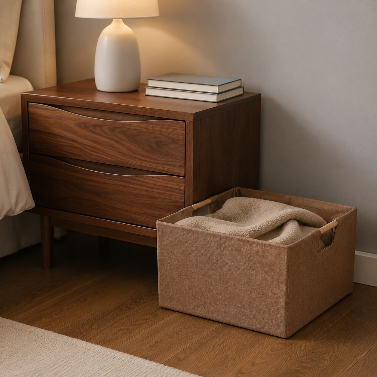 Fabric storage basket in office setting for supplies