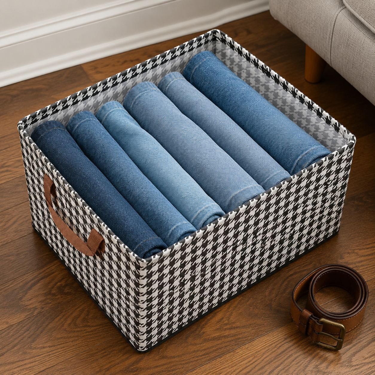Collapsible clothes storage box with pants neatly arranged