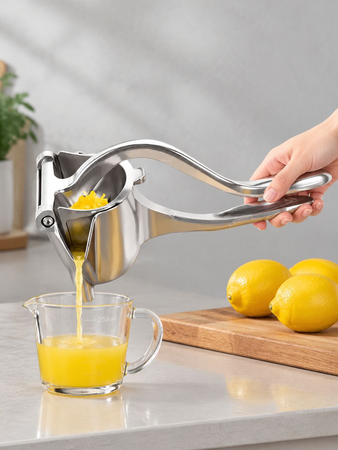 Hand press juice maker squeezing a lemon