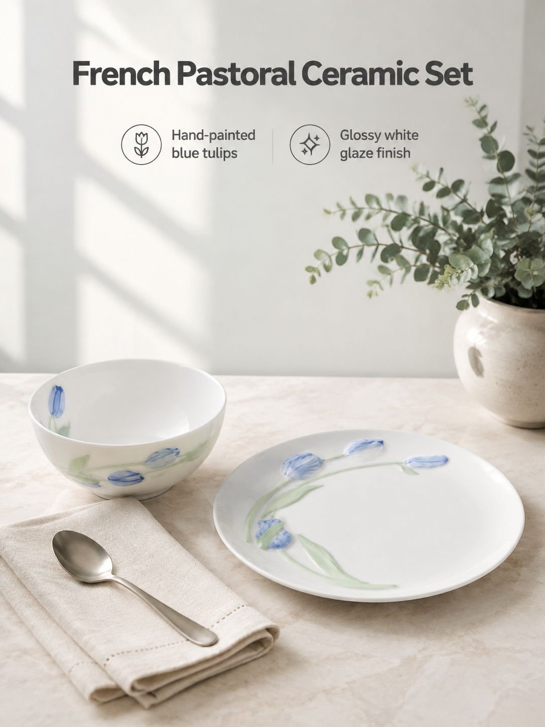 Yujin Fragrant Flower Ceramic Bowl and Plate White Glazed Tableware