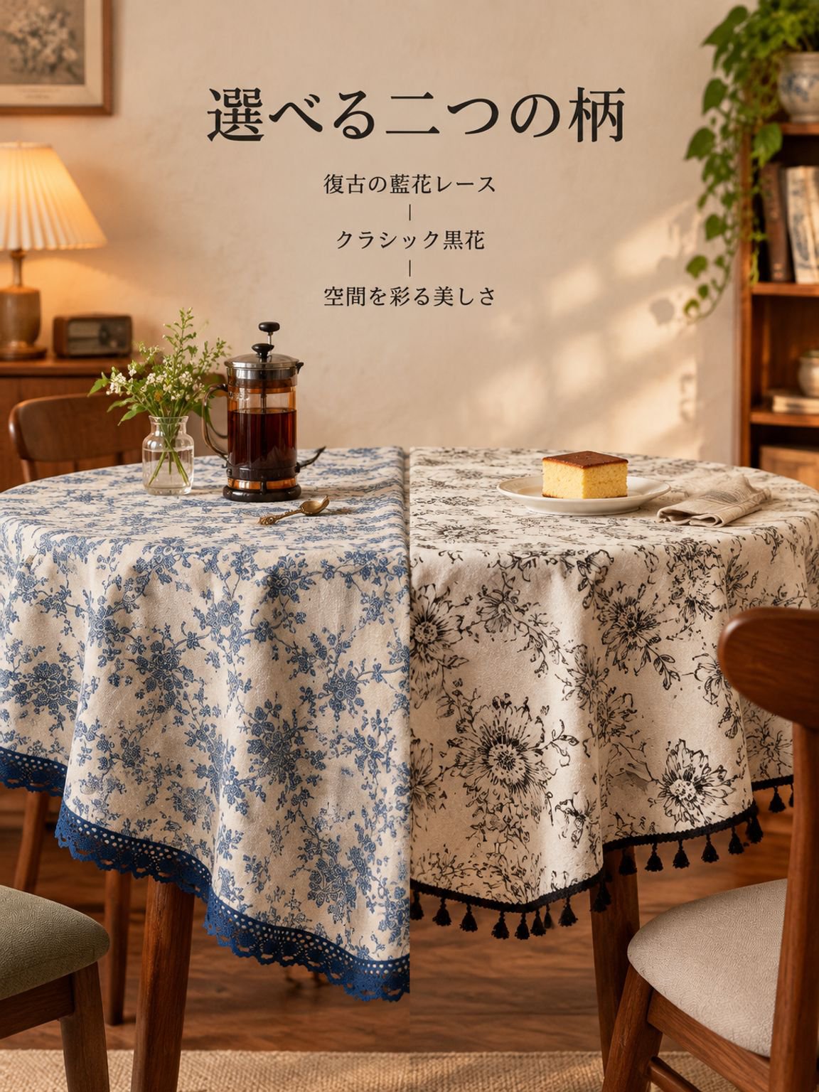 青いバラ柄のテーブルクロス