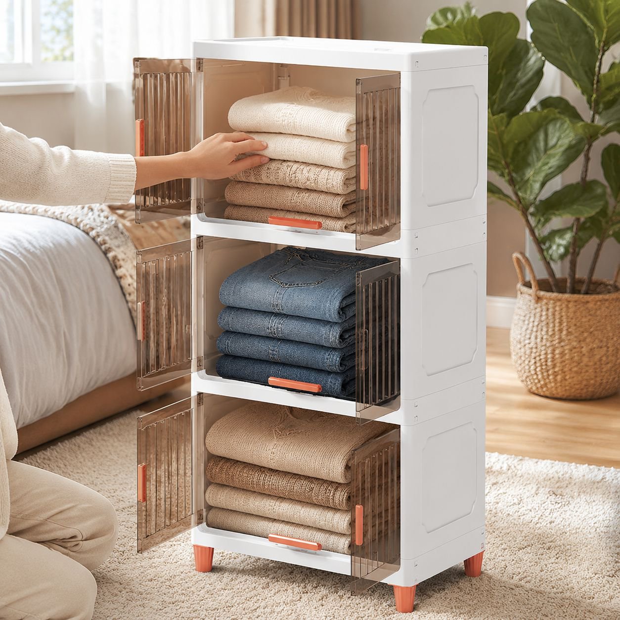 Organizador de ropa plegable de plástico de gran capacidad en uso