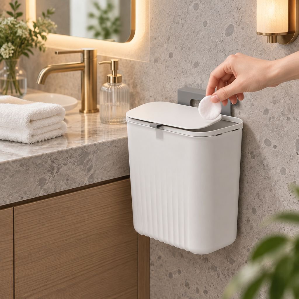 Modern design waste bin mounted on the kitchen wall