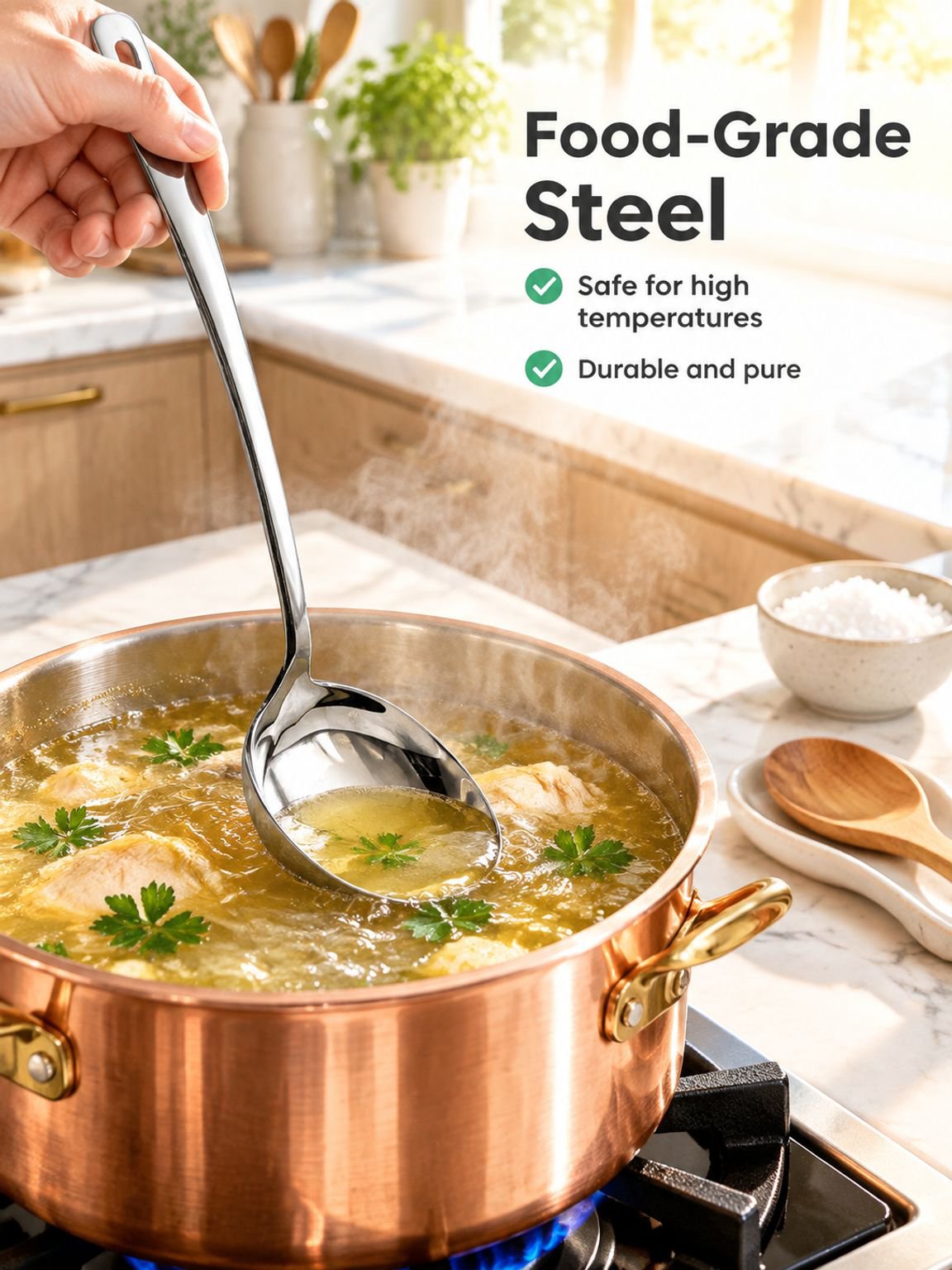 Stainless steel long-handled soup ladle
