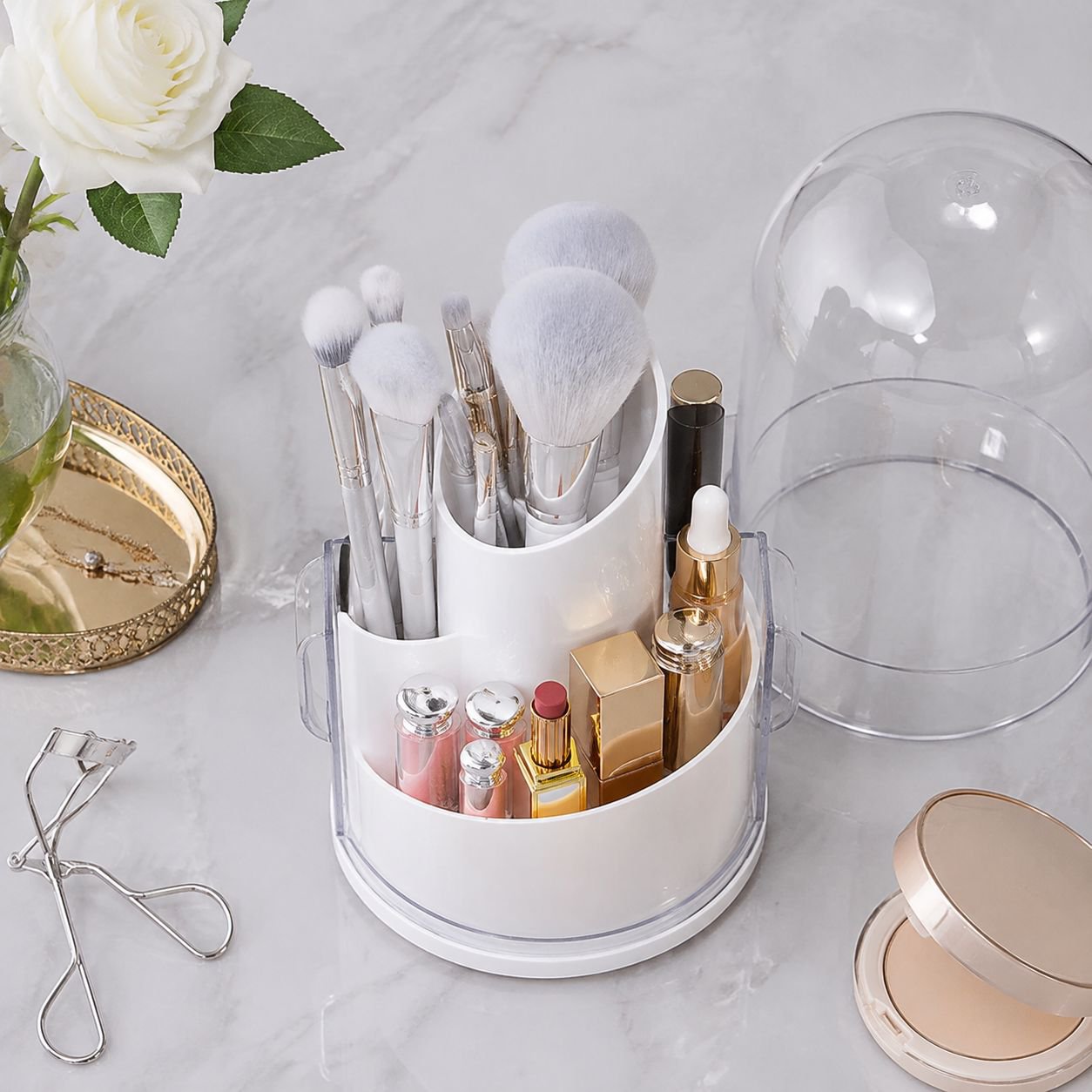 Multifunctional cosmetic brush holder with rotating design
