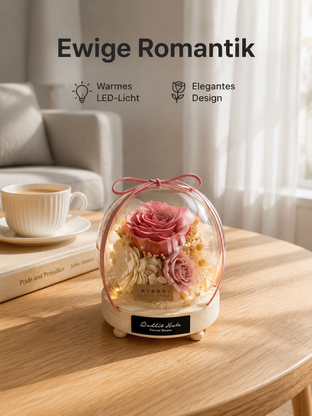 Ewiger Blumenstrauß unter Glashaube