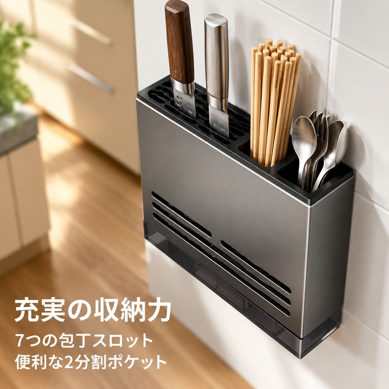 穴あけ不要の壁掛け式包丁・箸ラック