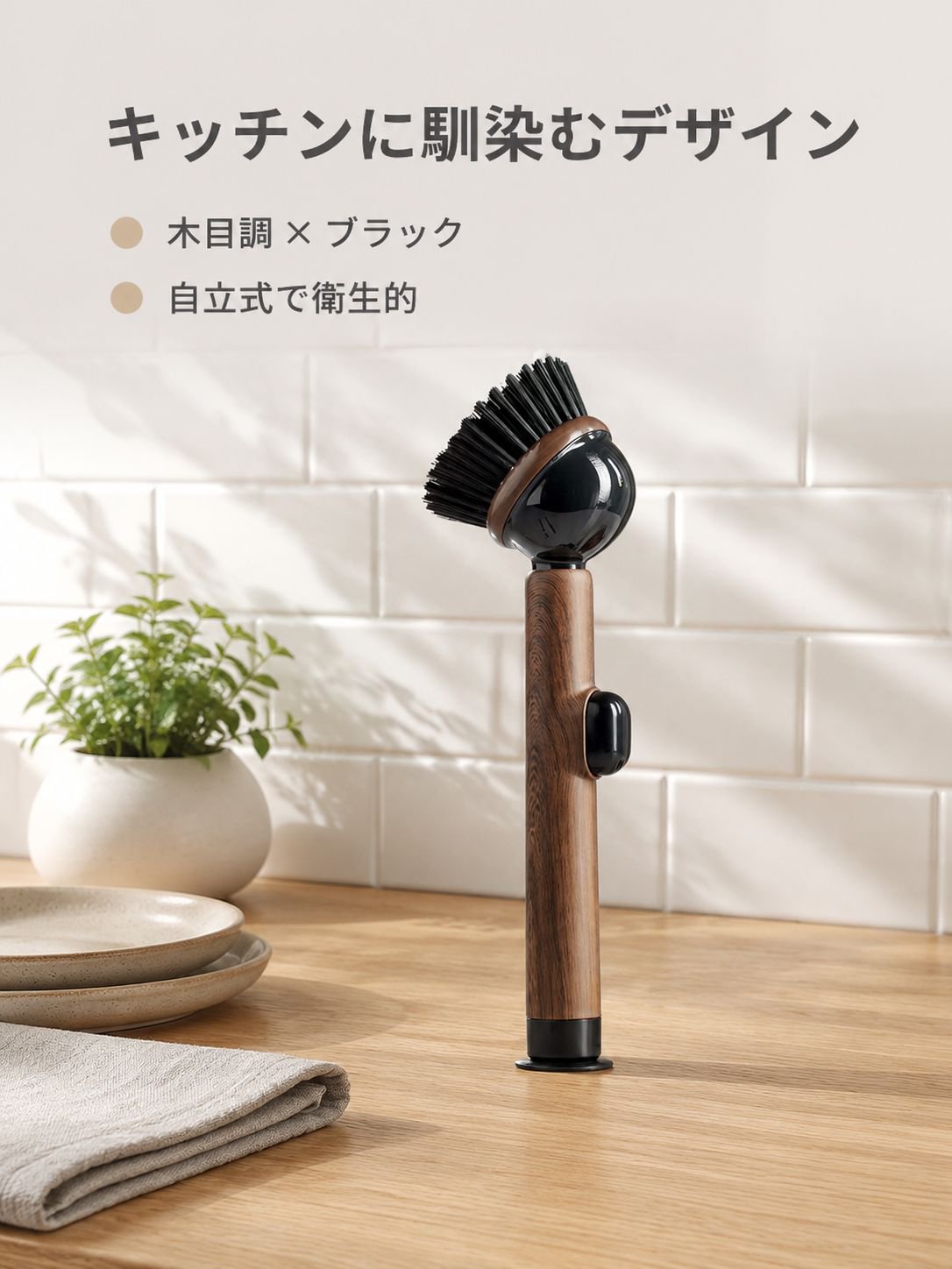 木目調吸盤付き長柄鍋用洗浄ブラシ 液体注入型 キッチン用