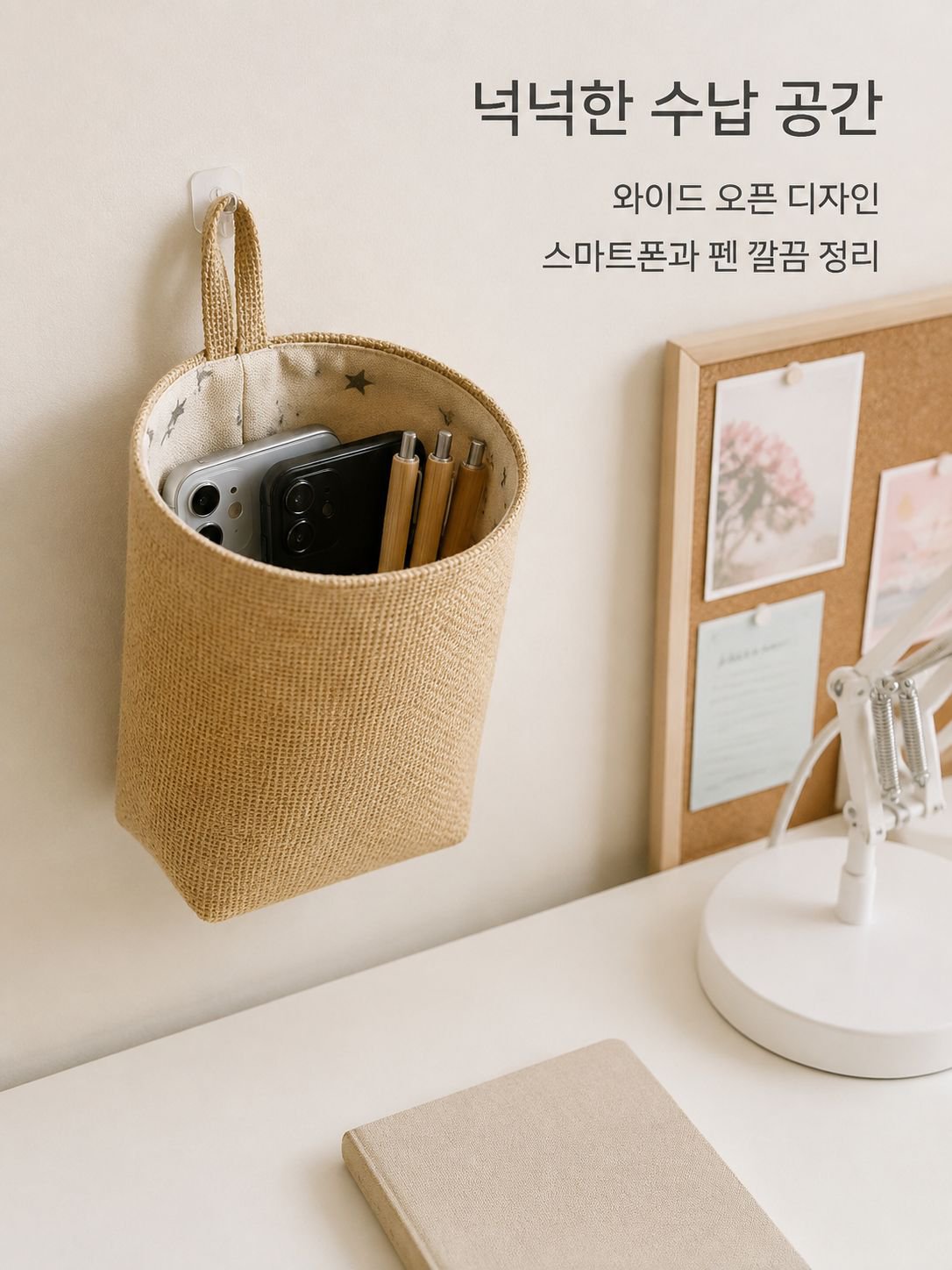노란색 면과 린넨 소재의 벽걸이형 수납 가방이 문 뒤에 걸려 있습니다.