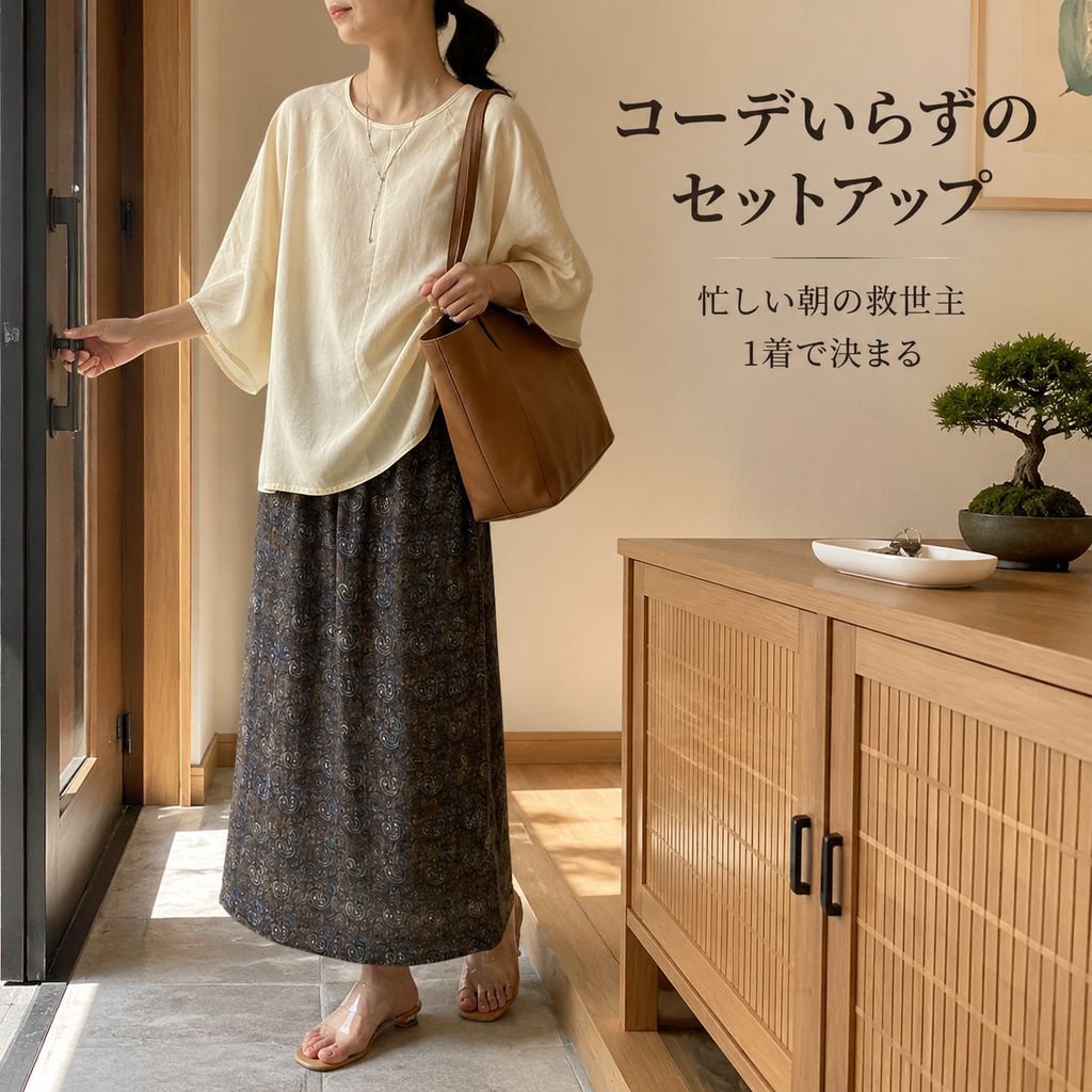 レトロペイズリー柄スカートとアプリコット変形シャツセットアップ