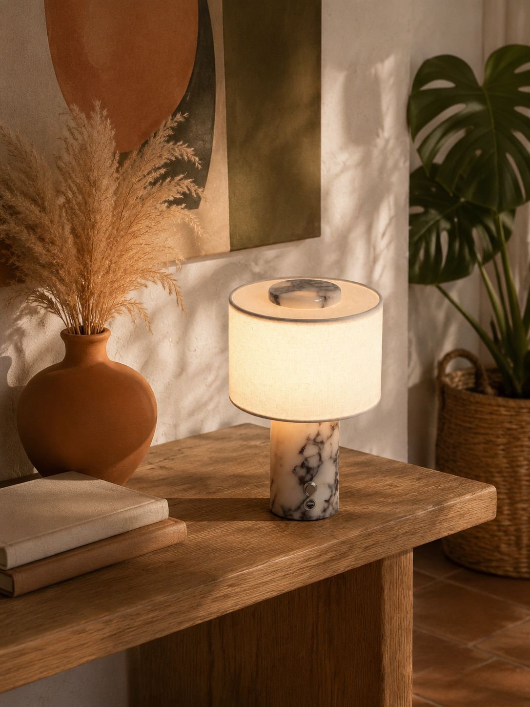 Lámpara de mesa recargable con base de mármol elegante en dormitorio