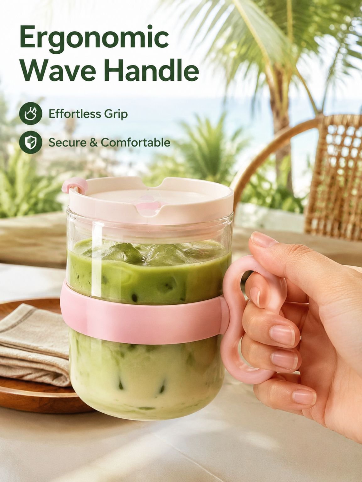 Clear glass cup with handle and lid