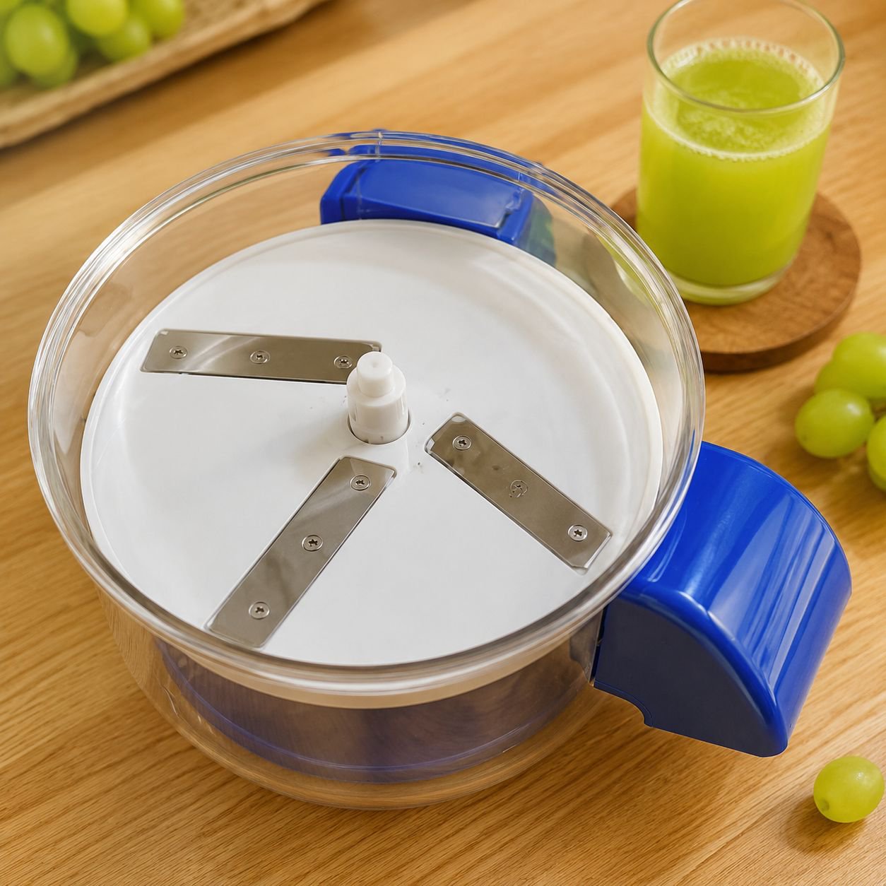 Close-up of automatic grape peeler peeling green grapes