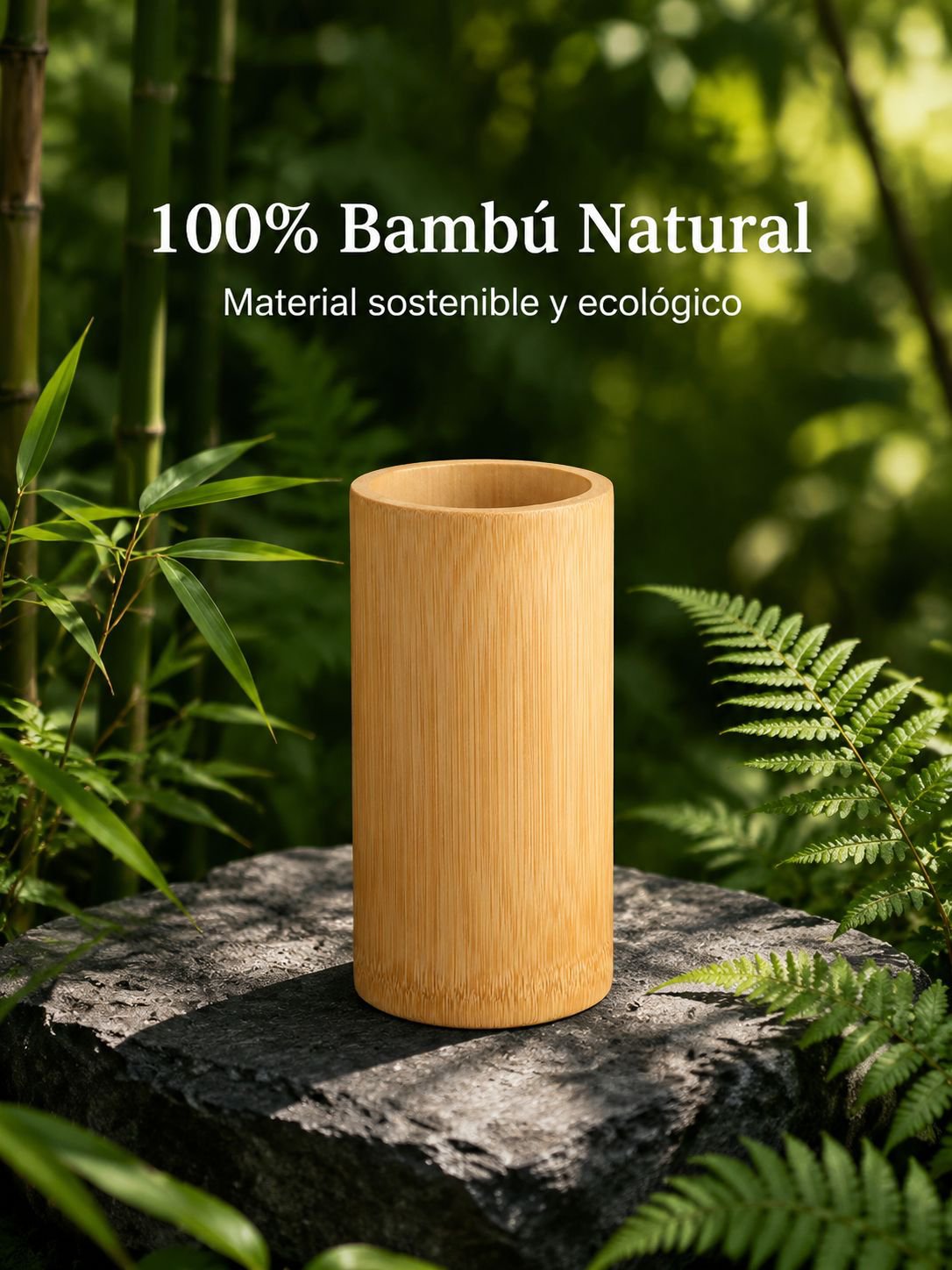Soporte de bambú para cubiertos junto a la vajilla