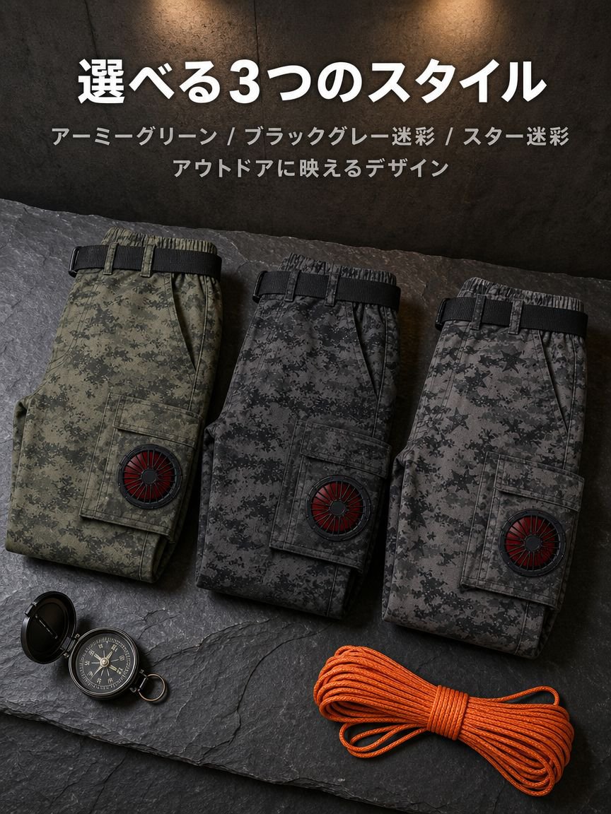 アウトドア用猛暑対策3秒急速冷却ファン付きメンズパンツ