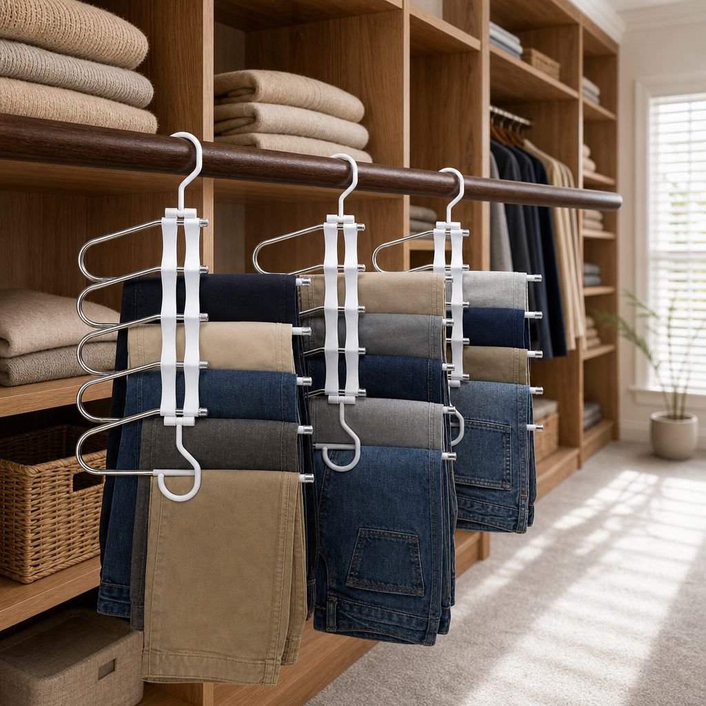 Perchero organizador mágico para pantalones colgado en armario