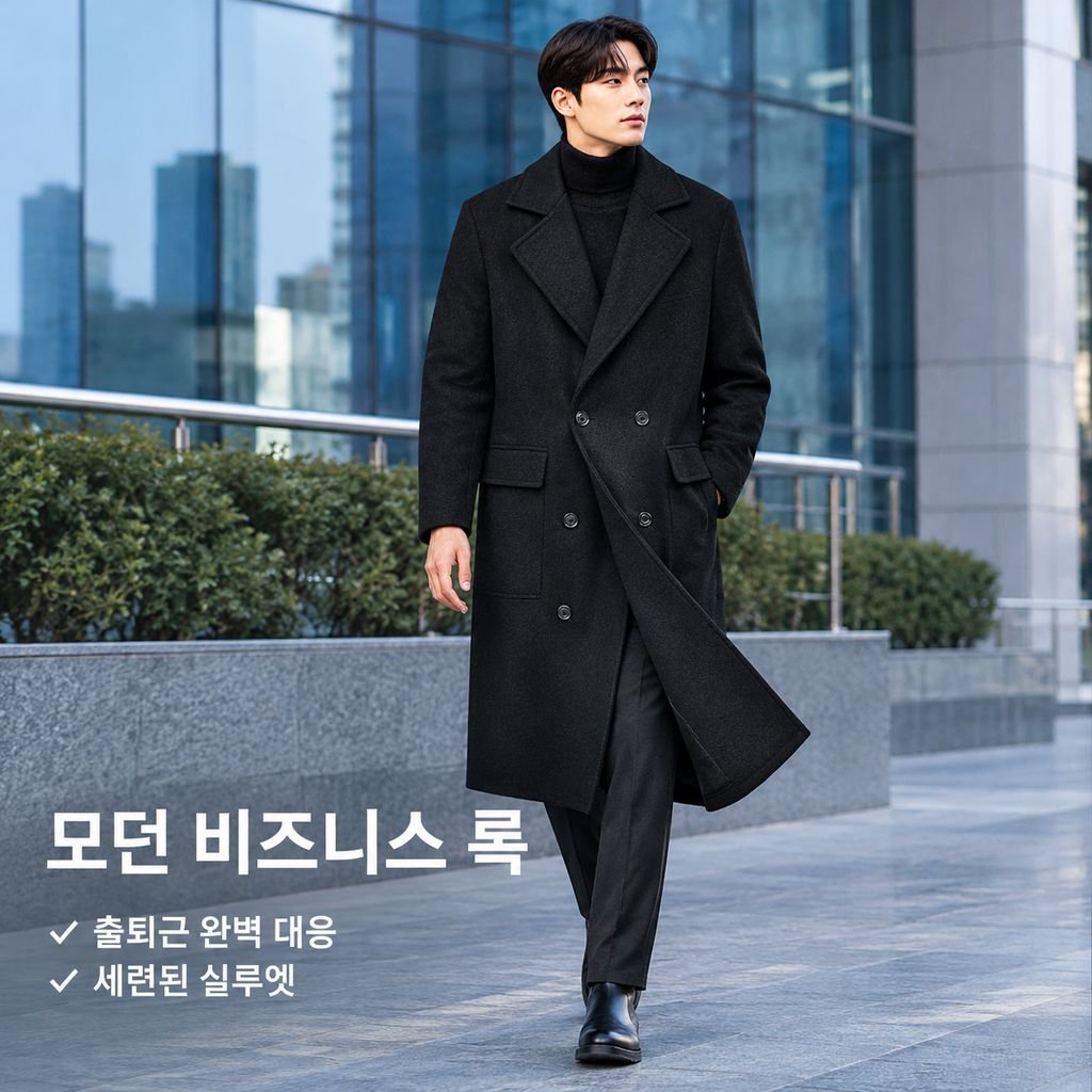 남성 더블버튼 미디 롱 모직 코트 트렌치 자켓