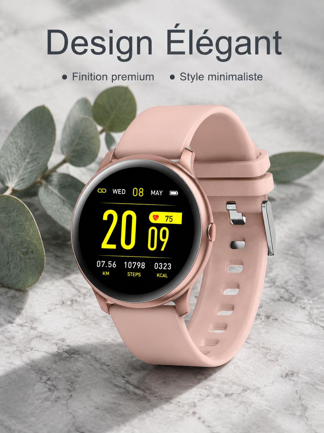 Bracelet connecté noir affichant l'heure et les notifications