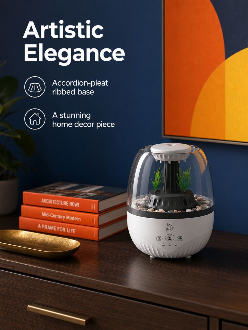 Silent aroma diffuser with colorful ambience light on a bedside table