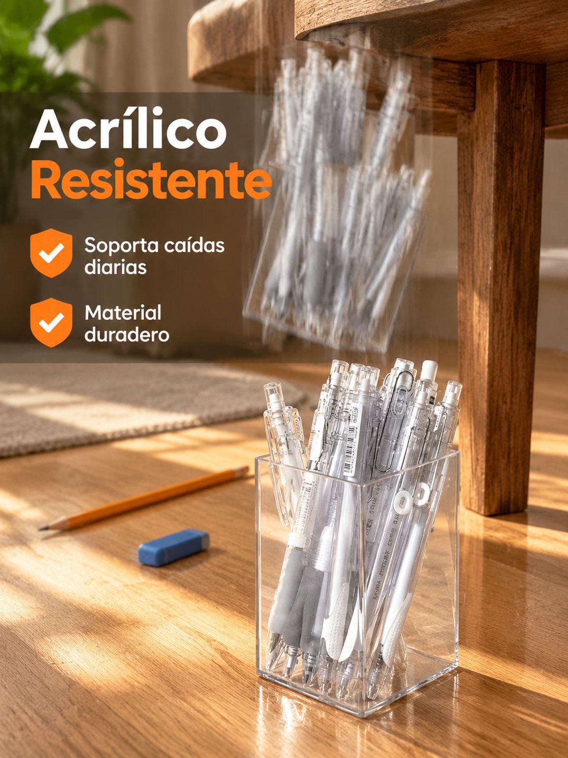 Primer plano del organizador multifuncional de acrílico para accesorios de escritorio