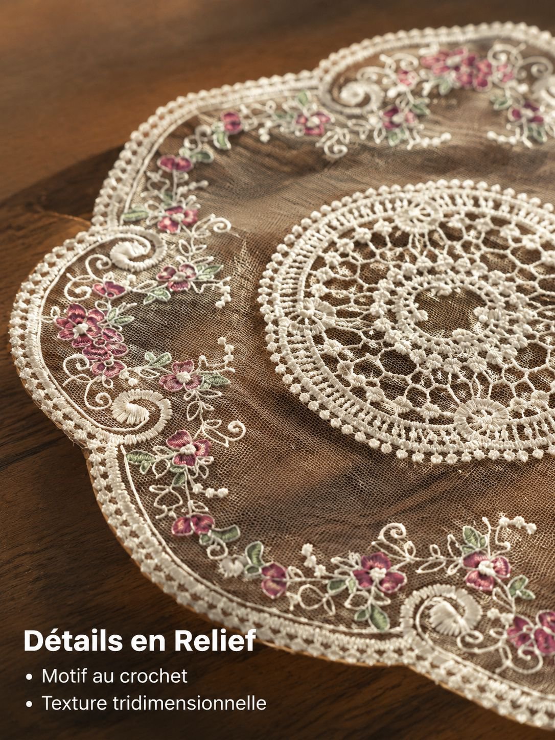 Tapis de table en tissu décoratif et rustique avec broderie en dentelle française style 