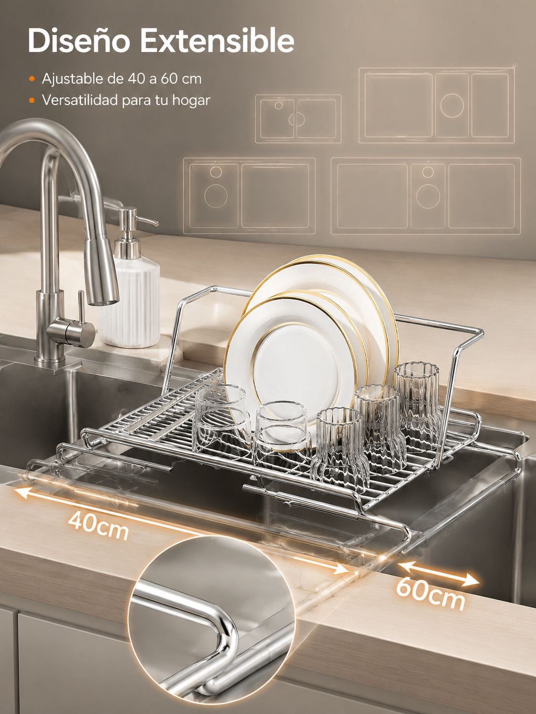Cesta de drenaje telescópica de acero inoxidable para fregadero de cocina