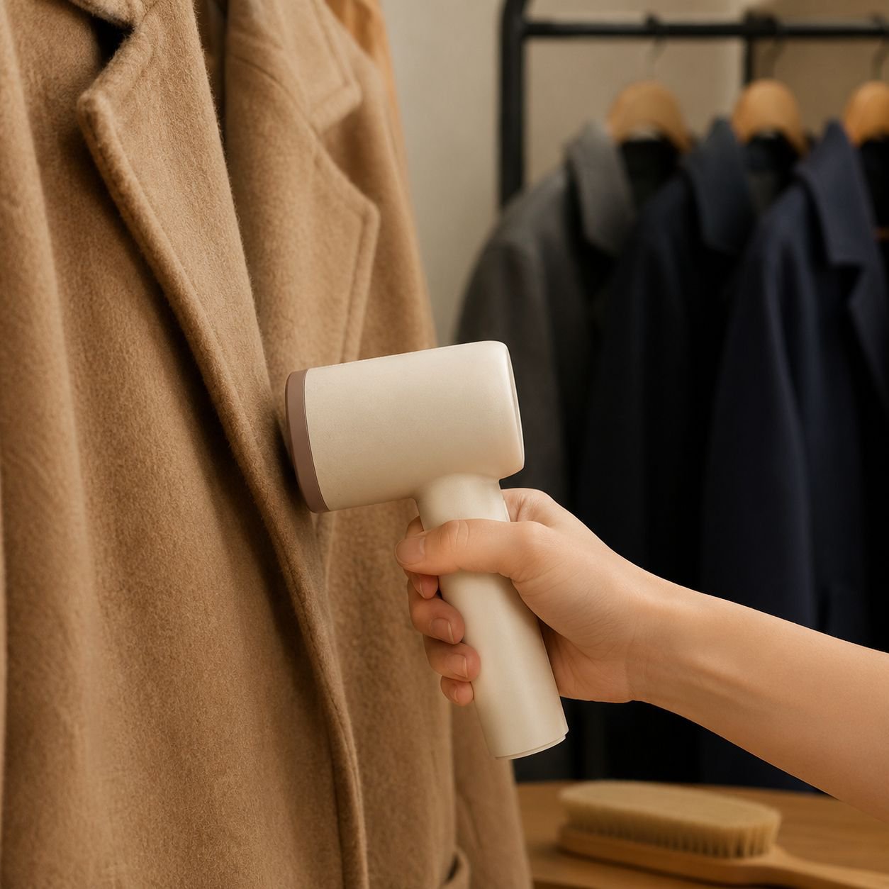 Sweater being defuzzed with double blade trimmer