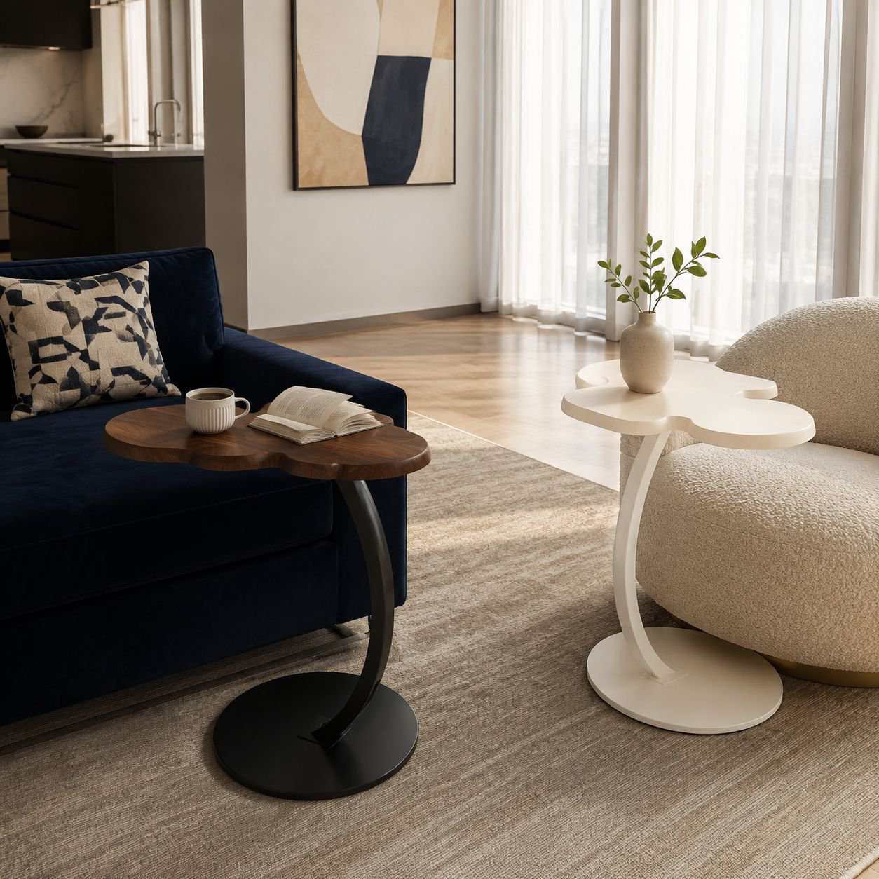 Stylish small table in Scandinavian interior