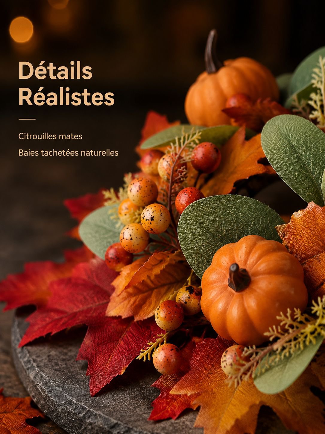 Artificial floral wreath with red berries and maple leaves, suitable for dining room and living room