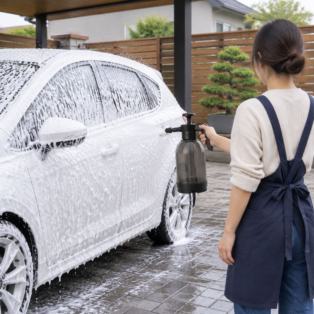 手動加圧で泡を噴霧する洗車用スプレー