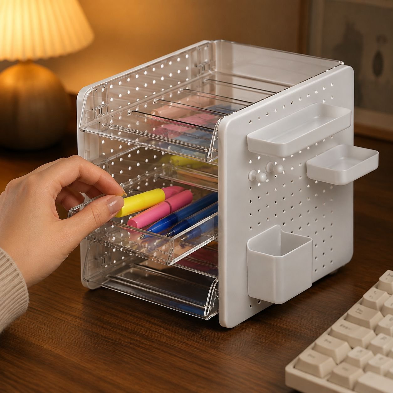 Organizador de escritorio con tablero perforado, solución todo en uno para papelería y cosméticos