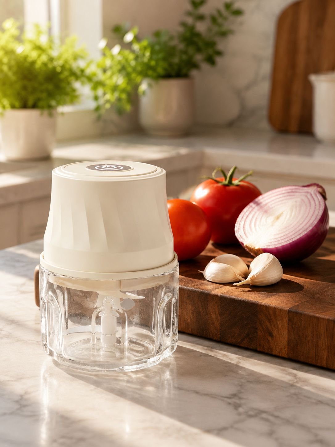 Mini picadora eléctrica de ajo y carne en uso en cocina