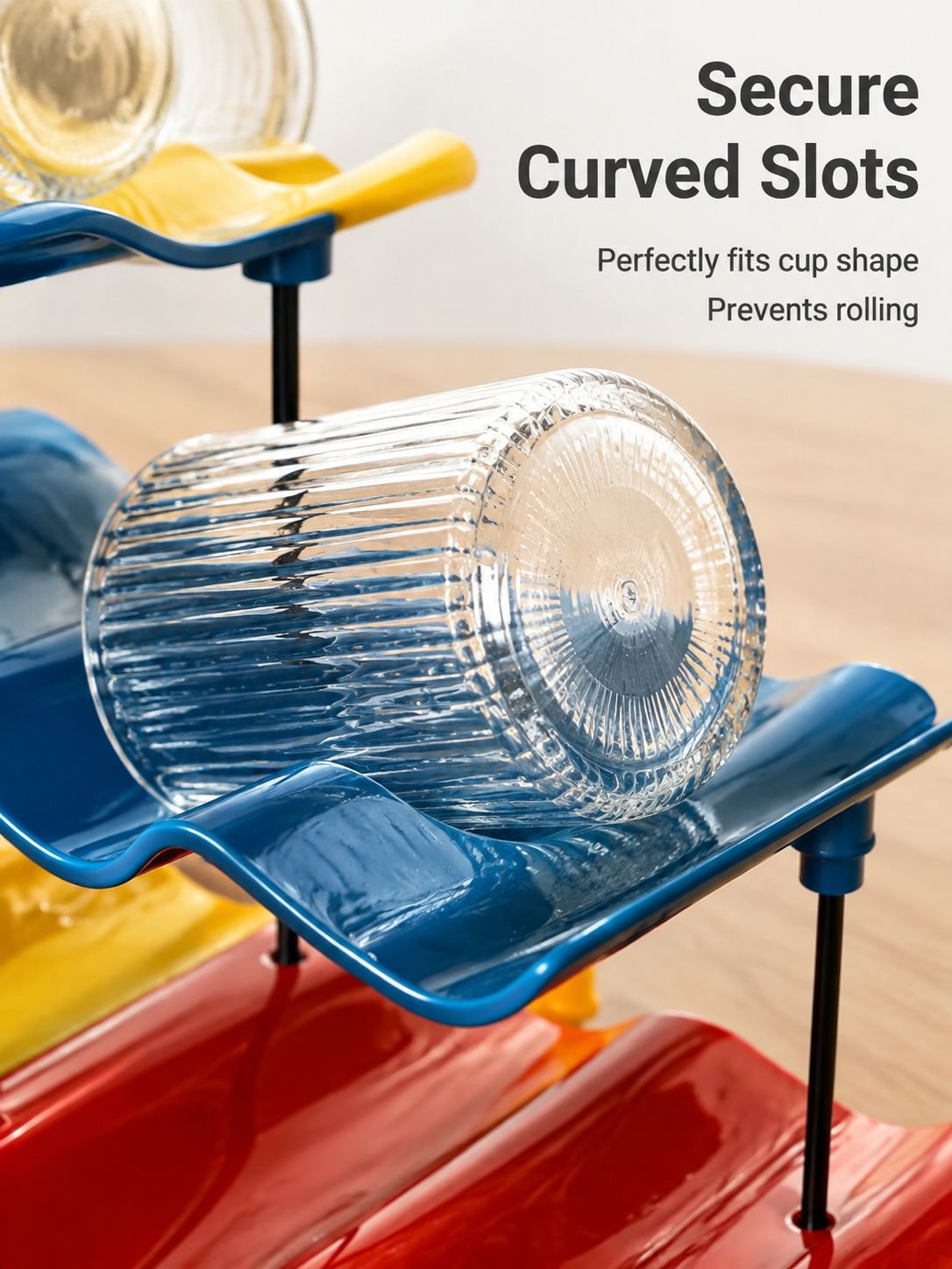 Close-up of wave-shaped shelf displaying colorful cups