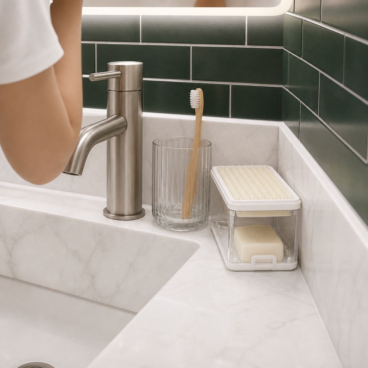 Hands-free soap dispenser with brush attachment