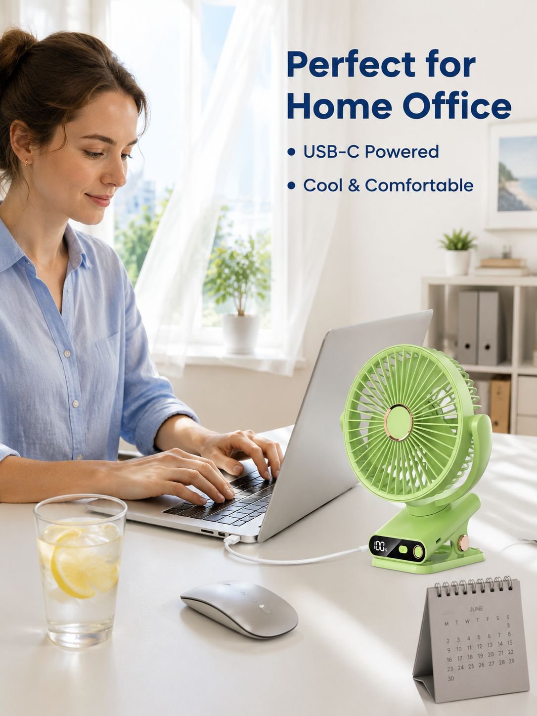 Desktop clip-on fan with automatic oscillation, USB charging, digital display, silent night light, p