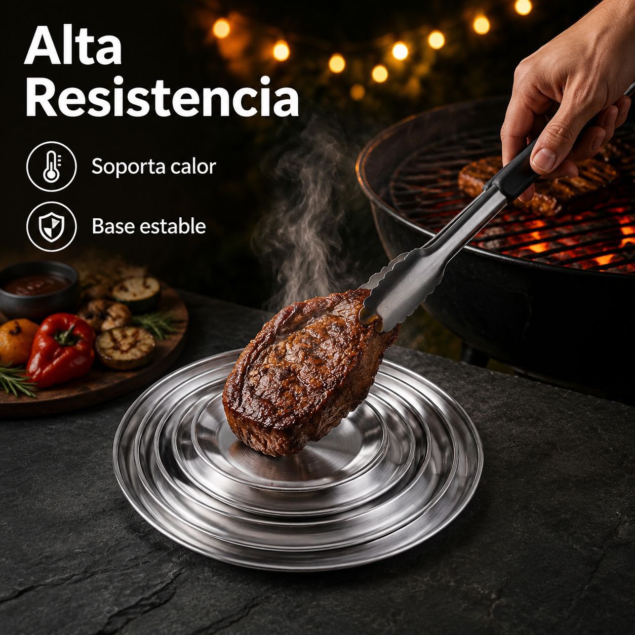 Plato redondo portátil de acero inoxidable resistente al calor para barbacoa, plato llano