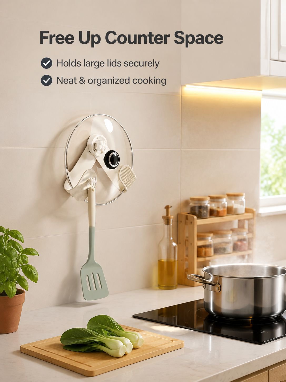 Non perforated suction cup wall mounted pot lid rack