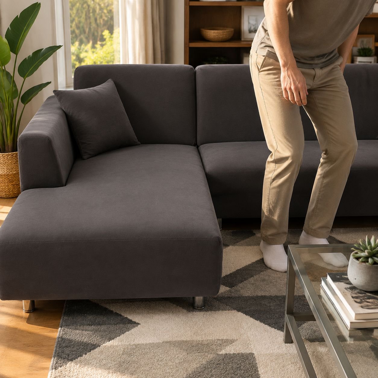 Funda de sofá completa en forma de L,  apta para chaise longue, uso para todas las estaciones