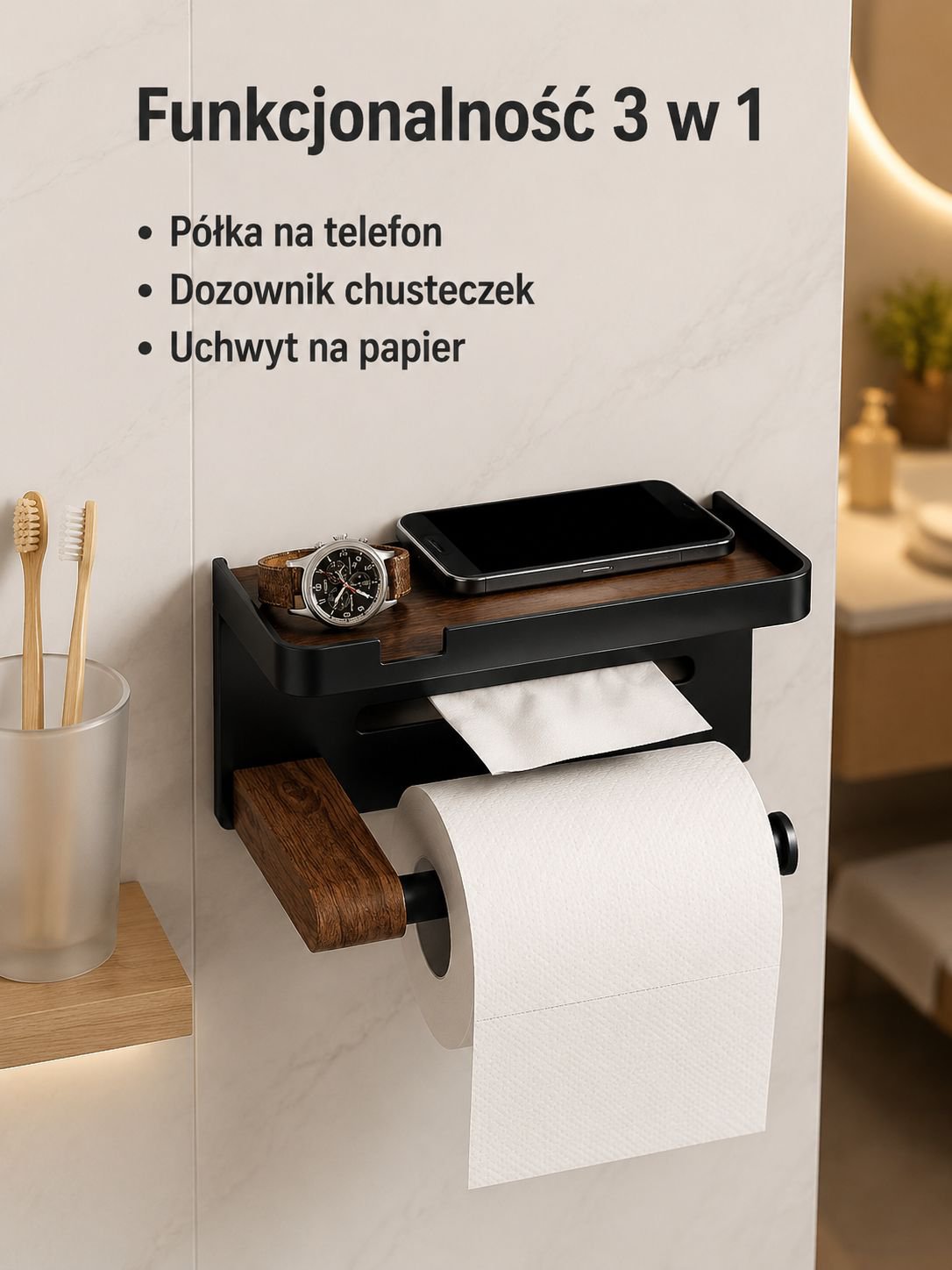 Bezwierceniowy pojemnik na papier toaletowy z orzecha włoskiego do łazienki