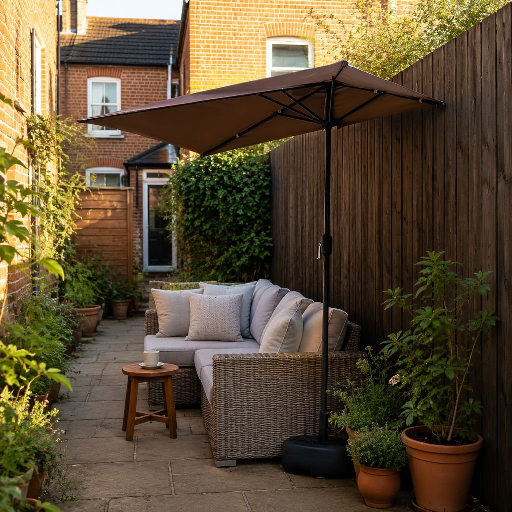 Wall-mounted half umbrella installed on outdoor cafe wall