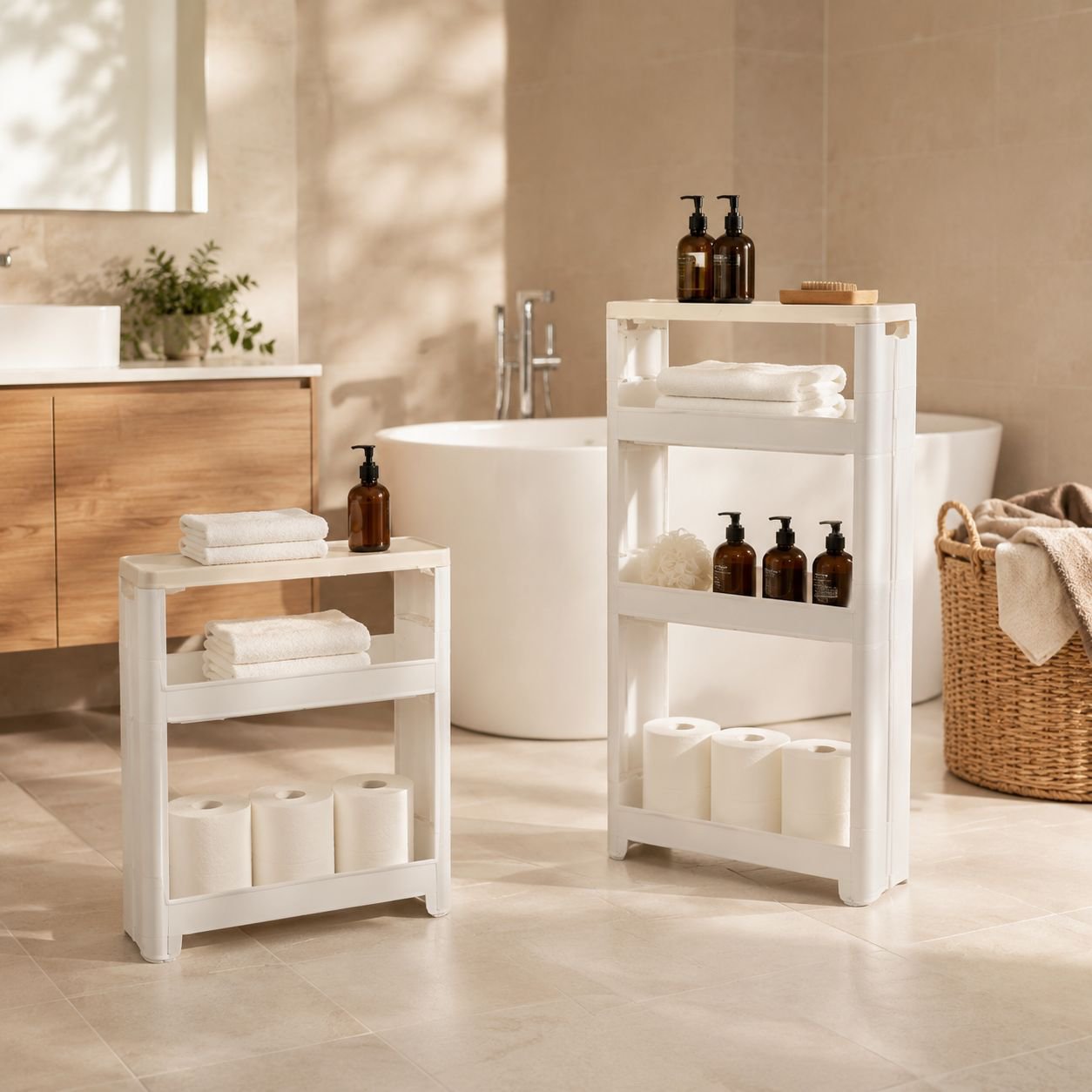 Toilet side rack with multiple compartments for storage